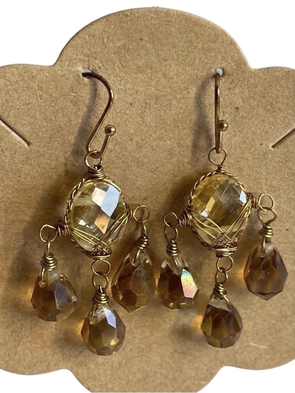 NWOT Crystal Gold and Brown Chandelier Earrings